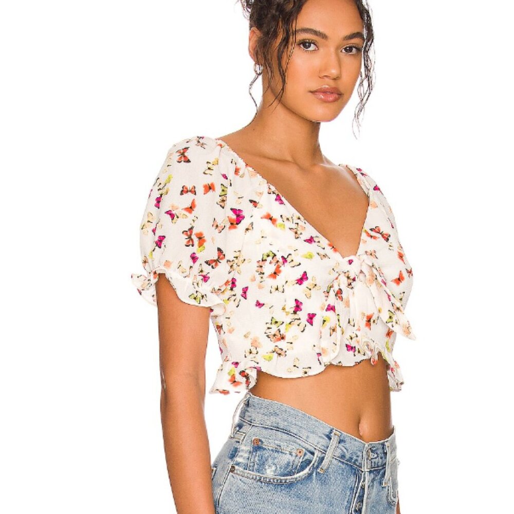 BCBG Generation Butterfly Print Crop Top - L - Puff Sleeve, Ruched Detail - Picture 2 of 11